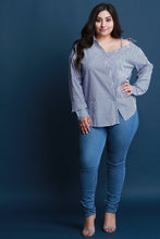 Load image into Gallery viewer, Pinstripe Asymmetrical Shoulder Button-Up Top